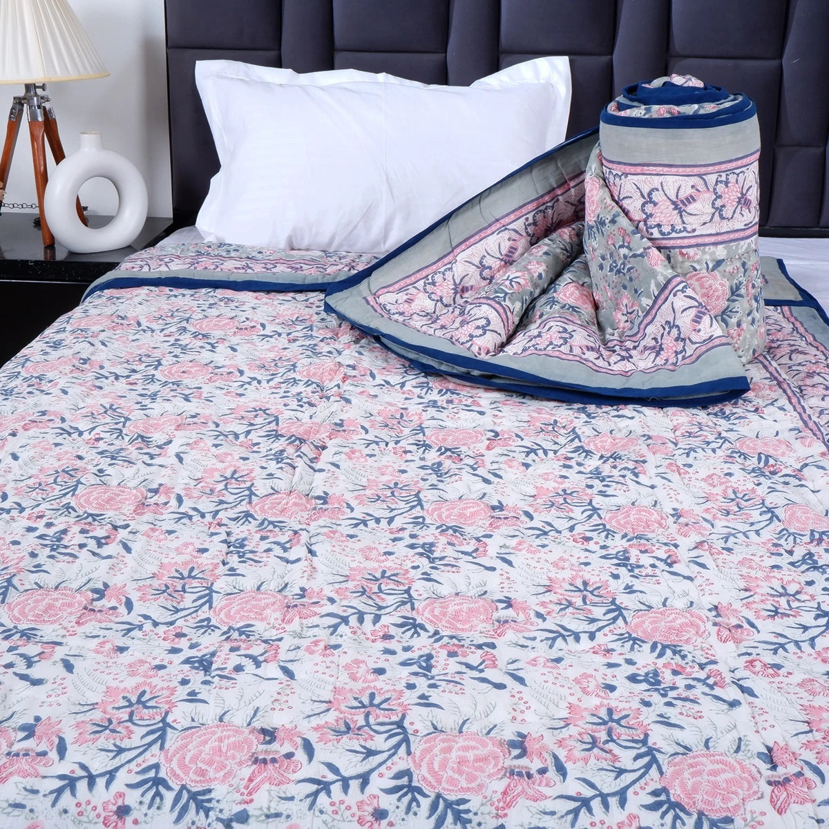 Jaipuri cotton quilts single bed in floral design featuring pink and blue colors, ideal for cozy bedding